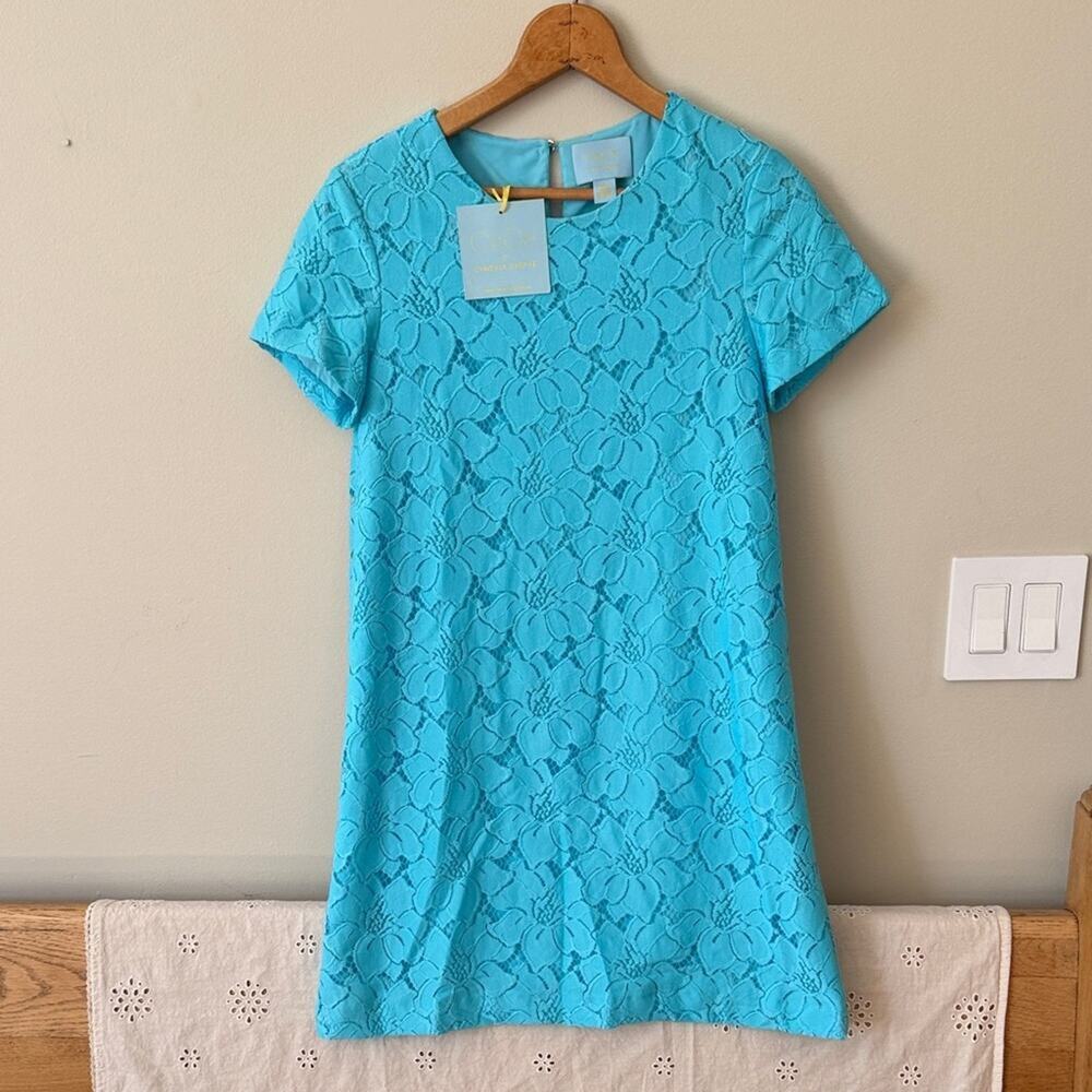 CeCe by Cynthia 🆕 NWT Turquoise Blue Lace Shift Short Sleeve Mini Dress Size 2